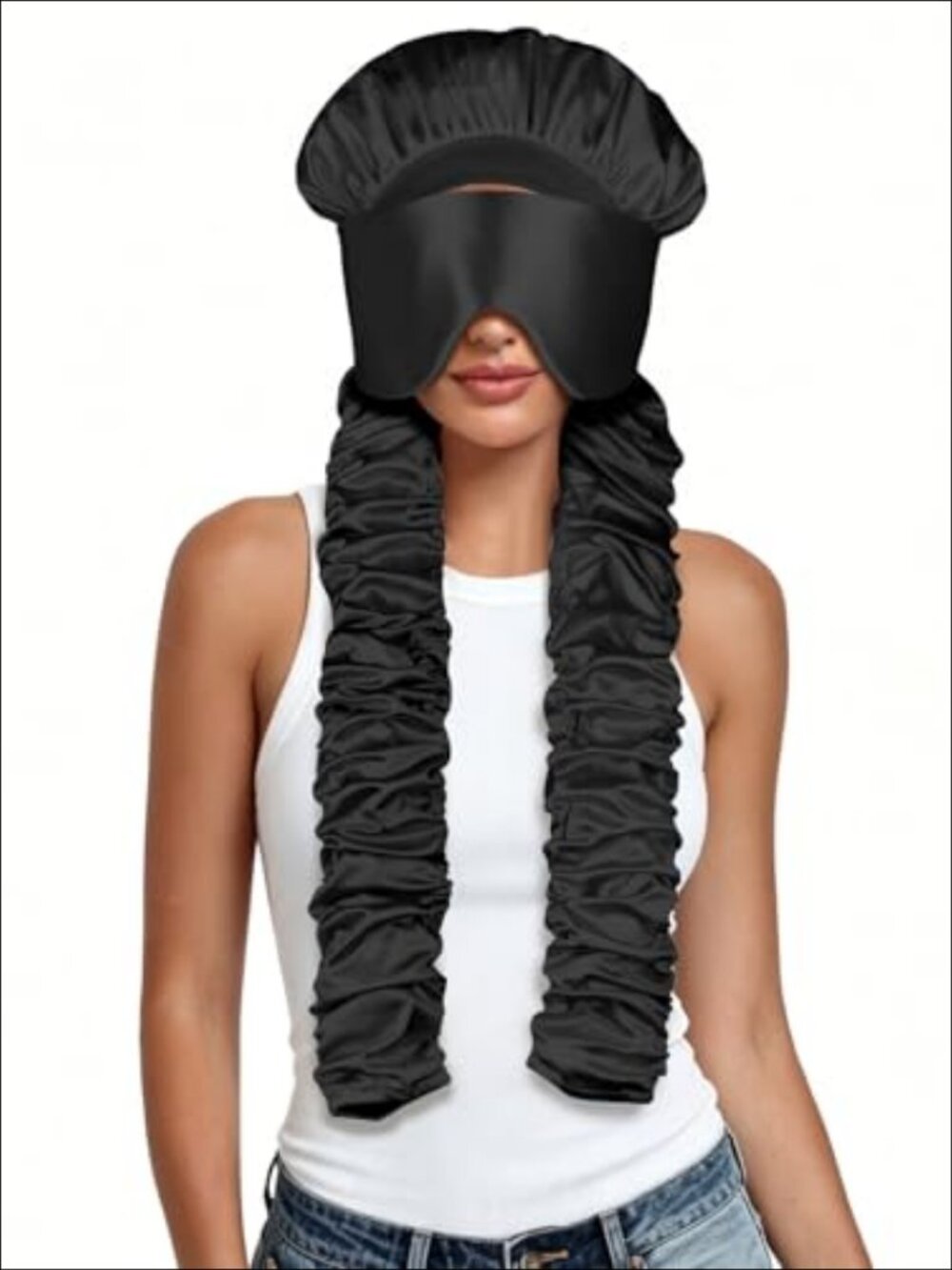 Satin Sleep Bonnet with Detachable Eye Mask Long Curling Ribbons No Slip